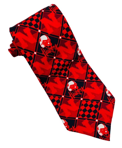 *VINTAGE* WhyKnot 1990s NCAA Nebraska Huskers Men's Red Geometric 100% Silk Tie Cover