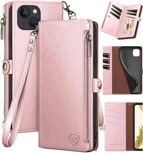 For iPhone 15 6.1" Wallet case with Zipper Credit Card Holder RFID Blocking - Picture 1 of 6