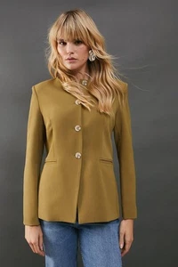 Warehouse Womens Blazer Olive Waisted Structured Shoulders Button - Picture 1 of 5