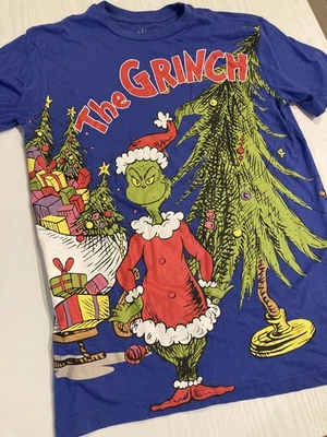 Dr. Seuss The Grinch 短袖 T 恤男式 XS 蓝色双图案圣诞节 — 第 1/4 张图片