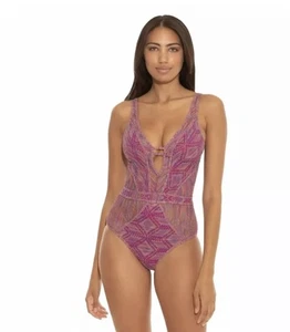 NEW Anthropologie Becca Mosaic Show And Tell Plunge Berry Swimsuit Large - Picture 1 of 5