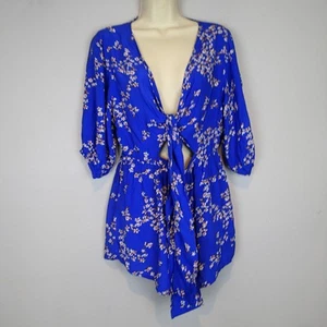Anthropologie Faithful the Brand Sophie Romper Blue Floral Print Cut Out 4/s tie - Picture 1 of 22