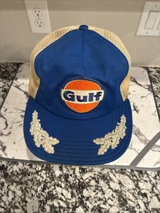 Vintage GULF OIL GAS STATION PATCH SNAPBACK TRUCKER HAT CAP MADE IN USA USED - Picture 1 of 13