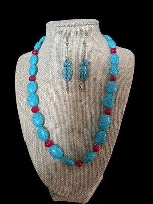 Faux Turquoise Beaded Necklace And Pierced Earrings - Image 1 of 4