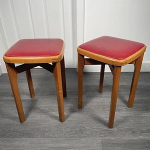 Vtg British Railway Stools Pair 2 Mid Century Wooden Vinyl School Kitchen Office - Picture 1 of 24
