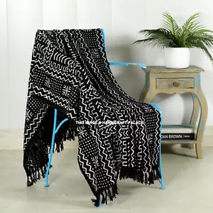 Black Mudcloth Throw Sofa Decor Hand Loom Blanket Boho Hand block Print Throw - Picture 1 of 5