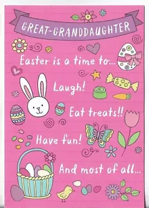 NEW Happy Easter Card 4.5x7 GREAT GRANDDAUGHTER Bunnies Basket of Eggs Candy - Picture 1 of 3