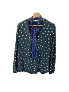 Rixo Blouse Womens Size Medium Silk Black Gold Star Print Neck Tie Angie Party - Picture 1 of 11