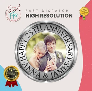 SILVER WEDDING ANNIVERSARY EDIBLE ROUND CAKE TOPPER DECORATION PERSONALISED - Picture 1 of 1