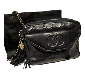 Chanel Quilted Black Camera Bag w. Tassel, Gold Chain/Leather Strap - Picture 1 of 11