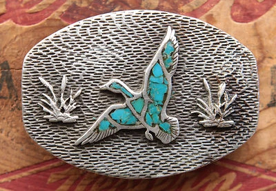 Vtg Sterling Silver Bird Duck Turquoise Inlay Western Belt Buckle Foto 1 de 2