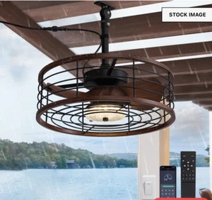 LUDOMIDE Outdoor Ceiling Fan Light~Caged Waterproof Plugin 6 Speed Rustic Brown - Picture 1 of 6