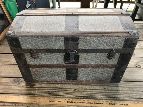 Antique Zinc Domed Shape Chest Wood Straps 28x19x17 Patterned Trunk Cover