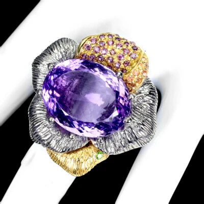 925 Anello Argento Sterling Ovale Ametista 23ct Zaffiro Gemma a Mano Misura 8 - Immagine 1 di 4