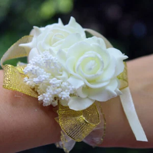 Lady Wedding Prom Bridal Wrist Corsage Flower Foam Rose Flower Ribbon Bracelets - Picture 1 of 18
