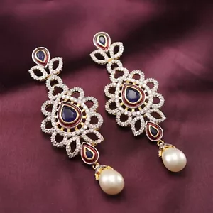 Pendientes Largos De Zirconia Cúbica De Esmalte Tradicional Para Mujeres - Picture 1 of 4