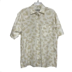 BOBBY CHAN Men's Casual Button-Up Shirt Medium White Tan Fronds Hawaiian Summer - Picture 1 of 11