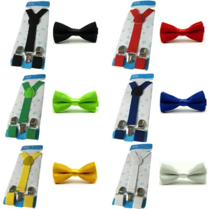 Boys Child Kids Satin Color Bowtie Bow Tie Y-Back Elastic Stretchy Suspender Set - Picture 1 of 7