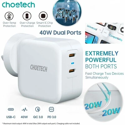 Choetech PD6009 USB-C PD 40W FAST Wall Charger Dual Type C Port Power Adapter - Image 1 of 4