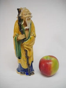 Antique Chinese MUDMAN FIGURE-OLD MAN WITH STAFF-10"-UNMARKED-VG - Picture 1 of 8