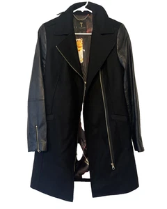 TED BAKER Alycia Wolle Damen Kaschmir Mantel Lederärmel Schwarz Größe 1 - Bild 1 von 16