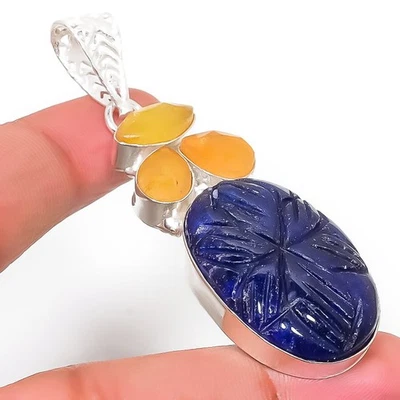 Pendente In Argento Sterling 925 Con Giada Blu Simulata Blu 2.56" - Immagine 1 di 4