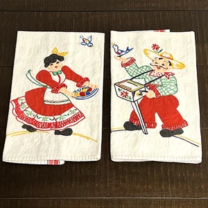 2 Vintage Handmade Embroidered Appliqué Tea Towels Mexican Man Woman Striped Set - Picture 1 of 7