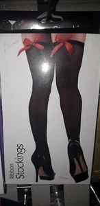 Adult Ladies Black Thigh High Stockings with Red Bows Fancy Dress - Picture 1 of 1