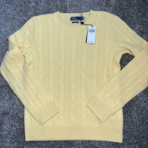 POLO RALPH LAUREN Cashmere Cable Knit Yellow Pullover womens sz L $498 new - Picture 1 of 7