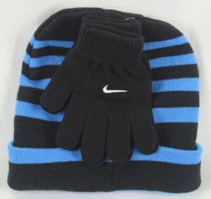 Nike Boys Swoosh Beanie Hat & Gloves 2PC Set Blue Black Stripe Size 8/20 NWT - Picture 1 of 1