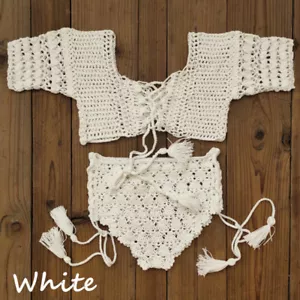 Damen Häkel Sexy Bikini Set Boho Badeanzug Weste Hotpants Hohl Sonnenbaden - Bild 1 von 8