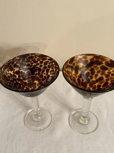 Vintage Amber Tortoise Leopard Spotted Hand Blown Martini Glasses - Set of 2 - Picture 1 of 10