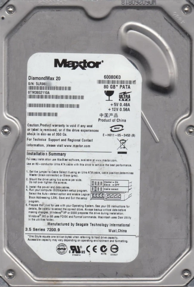 80 GB Ide Maxtor Diamondmax 20 P-Ata STM3802110A/60080K0 7200rpm 3.5 " Hard Disk - Image 1 of 1