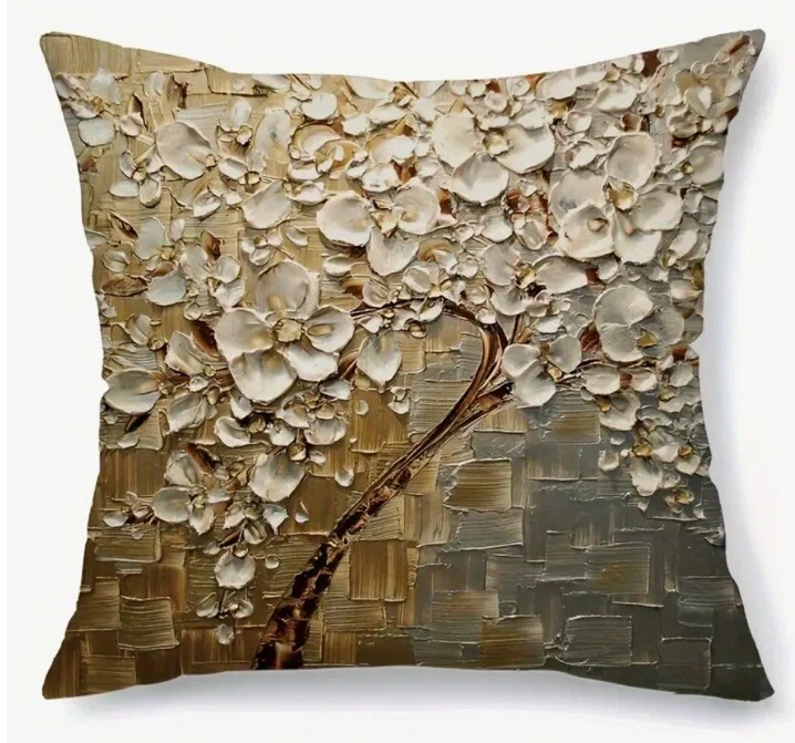 Brown Gold TREES Fall Oil Painting Linen Throw Pillow Cover Fall Home Decor - Image 1 of 3