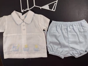 0-3M Will'beth blau-weiß 2-teiliges Shorts Outfit, Enten und Giraffe im Zug - Bild 1 von 7