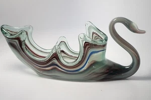 Vintage MCM türkis blau Kunstglas Schwan Korukopie Herzstück früher gestrecktes Glas - Bild 1 von 11