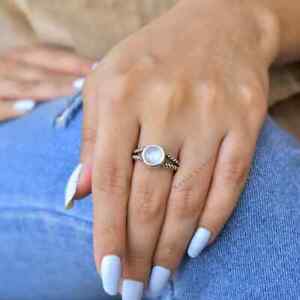 Natural moonstone ring , sterling silver rainbow moonstone dainty round gemstone