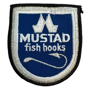 Nos Mustad Fish Hooks Embroidered Fishing Patch Company Logo Black Blue Gear - Picture 1 of 3