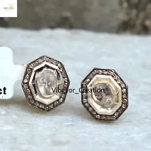 Orecchini Borchie Polki Pavimentazione Diamante Placcati Oro Solido 925 Argento Minimalista Gioielli - Foto 1 di 5