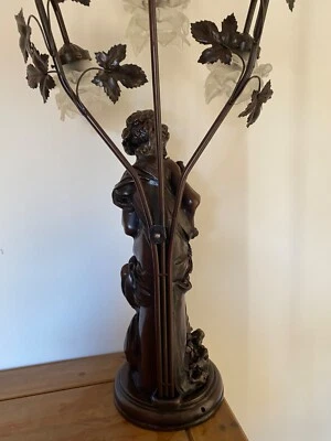 Bronze Table Lamp Lady With Bird 3 Ruffle Shades Art Nouveau Style - Image 1 of 4