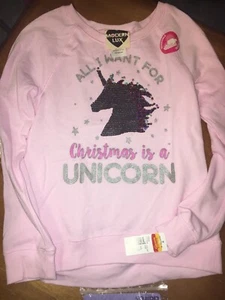 Modern Lux Girls-XL 16 Sequined Sweatshirt-All I want for Christmas is a Unicorn - Picture 1 of 1