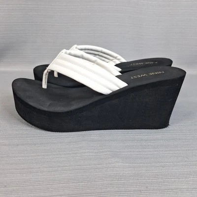Nine West SPINS 3 Women's Platform Wedge Thong Sandal Comfort Size 8.5 White - Image 1 of 4