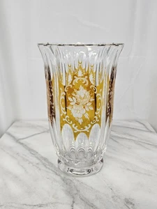 Vintage Amber Cut Crystal Glass Vase Polish Poland Floral - Picture 1 of 12