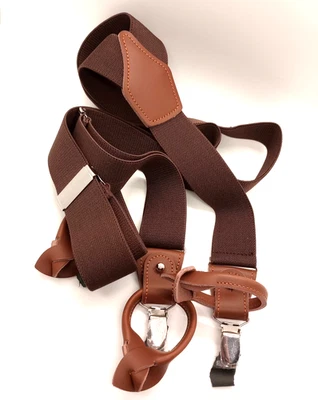 NEW Men’s Suspenders Brown Elastic British Tan Leather Y 1-size Clip or Button - Image 1 of 4