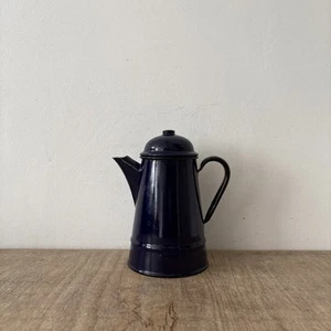 Vintage Polish Enamel Enamelware Tea Pot Coffee Kettle Kitchenalia Blue Black - Picture 1 of 12