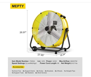MEPTY 24-Inch Industrial Drum Fan, 8800 CFM High Velocity Floor Fan, 3-Speed Hea - Picture 1 of 14