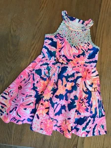Lilly Pulitzer Girls Fit Flare Halter Dress Sz 5 Pink Blue Gold Lace Trim NWOT - Picture 1 of 12