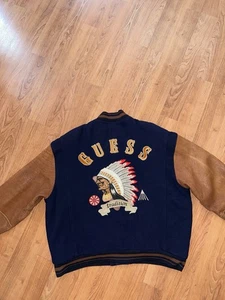 Vintage Guess Large Leather Wool Varsity Indian Aztec Jacket 90s - Picture 1 of 11