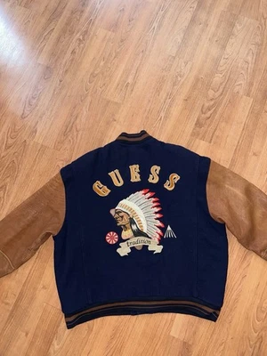 Vintage Guess Large Leather Wool Varsity Indian Aztec Jacket 90s - Image 1 of 4