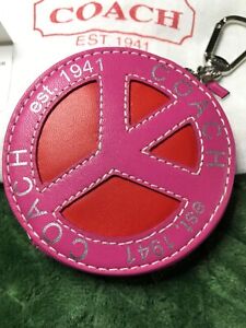 New NWT Coach PEACE KEYFOB / Coin Pouch Pink and Red Leather 92686